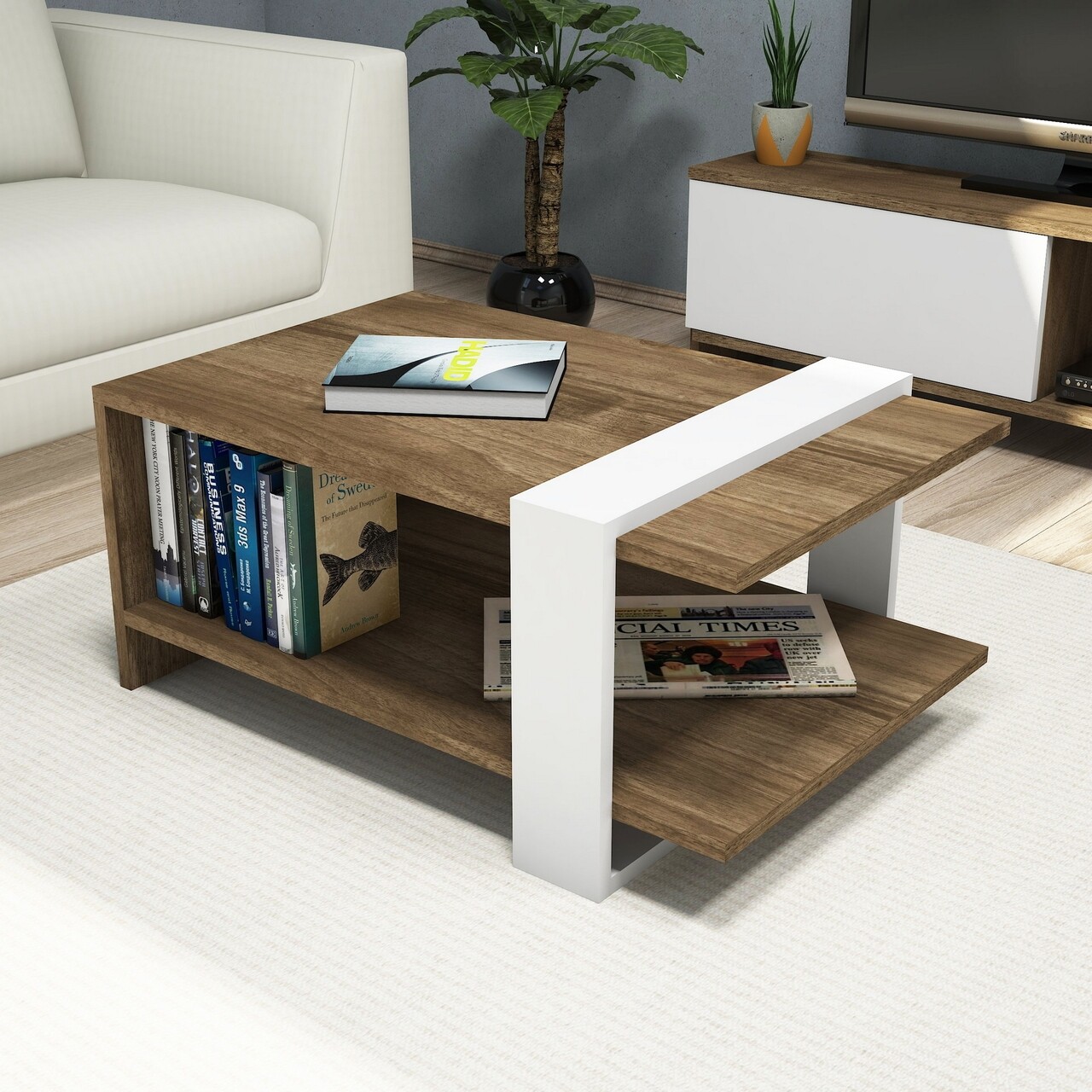 Masuta de cafea Akilli, Puqa Design, 80x50x35 cm, alb/maro - imagine 4